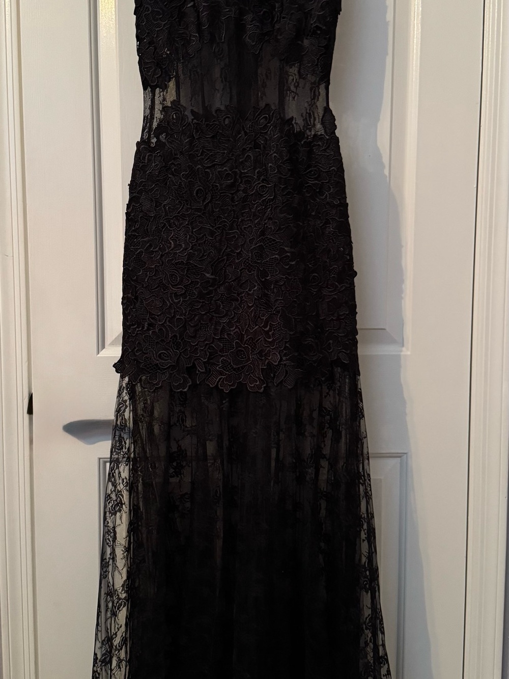 Issue New York Black Lace Maxi Gown with Floral Appliqué